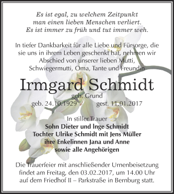Traueranzeige von Irmgard Schmidt von Super Sonntag Bernburg