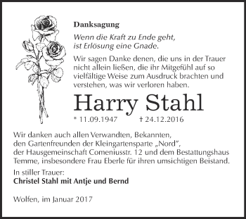 Traueranzeige von Harry Stahl von WVG - Wochenspiegel Bitterfeld