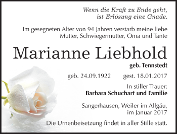 Traueranzeige von Marianne Liebhold von Mitteldeutsche Zeitung Sangerhausen