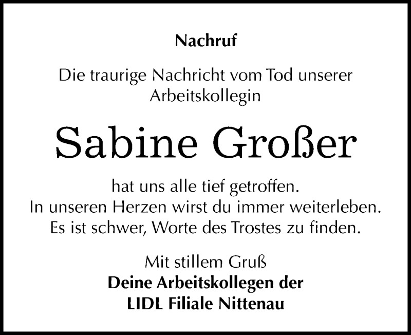  Traueranzeige für Sabine Großer vom 07.01.2017 aus Mitteldeutsche Zeitung Wittenberg