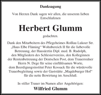 Traueranzeige von Herbert Glumm von WVG - Wochenspiegel Dessau / Köthen