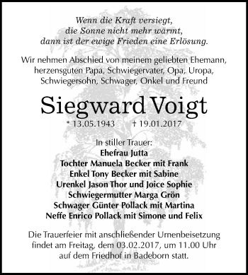 Traueranzeige von Siegward Voigt von Super Sonntag Quedlinburg