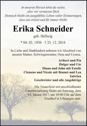 Traueranzeige von Erika Schneider von Super Sonntag SGH Mansf. Land