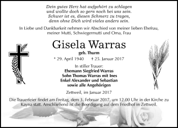 Traueranzeige von Gisela Warras von Mitteldeutsche Zeitung Zeitz