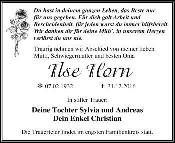 Traueranzeige von Ilse  Horn von Mitteldeutsche Zeitung Dessau-Roßlau