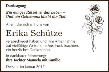 Traueranzeige von Erika Schütze von WVG - Wochenspiegel Dessau / Köthen