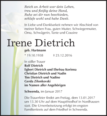 Traueranzeige von Irene Dietrich von Mitteldeutsche Zeitung Sangerhausen