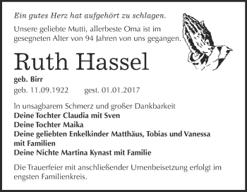 Traueranzeige von Ruth Hassel von Super Sonntag Wittenberg