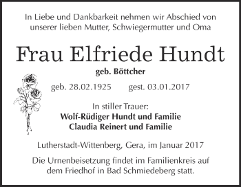 Traueranzeige von Elfriede Hundt von Super Sonntag Wittenberg