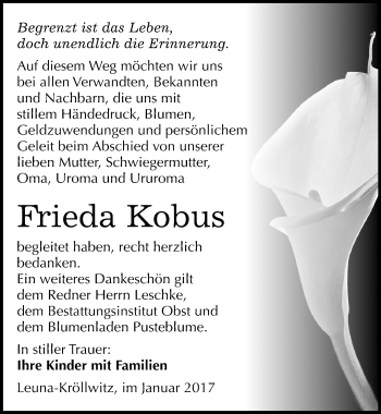 Traueranzeige von Frieda Kobus von Mitteldeutsche Zeitung Merseburg/Querfurt