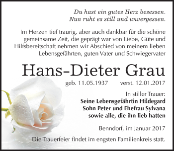 Traueranzeige von Hans-Dieter Grau von Mitteldeutsche Zeitung Mansfelder Land