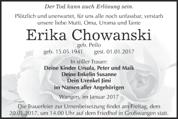 Traueranzeige von Erika Chowanski von WVG - Wochenspiegel NMB / WSF / ZTZ