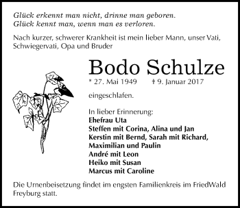 Traueranzeige von Bodo Schulze von Mitteldeutsche Zeitung Zeitz