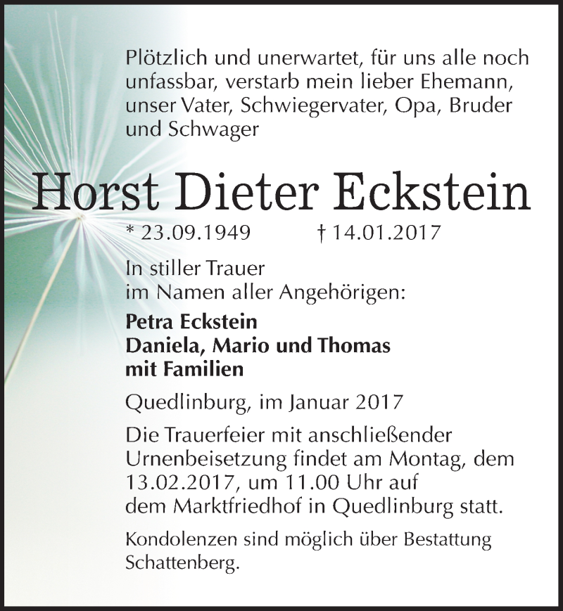  Traueranzeige für Horst Dieter Eckstein vom 21.01.2017 aus Mitteldeutsche Zeitung Quedlinburg