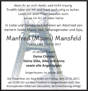 Traueranzeige von Manfred Mansfeld von Mitteldeutsche Zeitung Sangerhausen