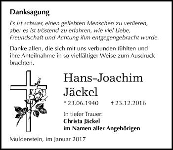 Traueranzeige von Hans-Joachim Jäckel von Mitteldeutsche Zeitung Bitterfeld