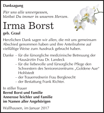 Traueranzeige von Irma Borst von Mitteldeutsche Zeitung Sangerhausen