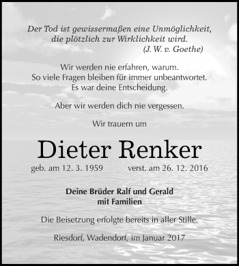 Traueranzeige von Dieter Renker von WVG - Wochenspiegel Dessau / Köthen