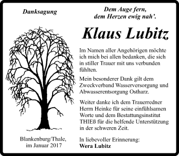 Traueranzeige von Klaus Lubitz von Mitteldeutsche Zeitung Quedlinburg