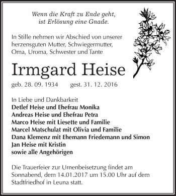 Traueranzeige von Irmgard Heise von WVG - Wochenspiegel Merseburg