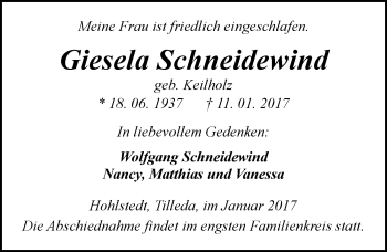 Traueranzeige von Giesela Schneidewind von Mitteldeutsche Zeitung Sangerhausen