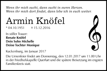 Traueranzeige von Armin Knöfel von WVG - Wochenspiegel Merseburg