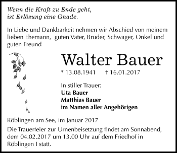 Traueranzeige von Walter Bauer von Mitteldeutsche Zeitung Mansfelder Land