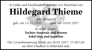 Traueranzeige von Hildegard Thieme von Mitteldeutsche Zeitung Bitterfeld