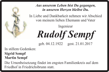 Traueranzeige von Rudolf Sempf von Super Sonntag Quedlinburg