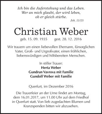 Traueranzeige von Christian Weber von WVG - Wochenspiegel Merseburg
