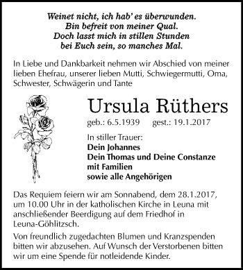 Traueranzeige von Ursula Rüthers von WVG - Wochenspiegel Merseburg