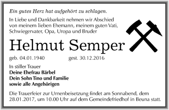 Traueranzeige von Helmut Semper von Mitteldeutsche Zeitung Merseburg/Querfurt