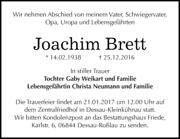 Traueranzeige von Joachim Brett von WVG - Wochenspiegel Dessau / Köthen