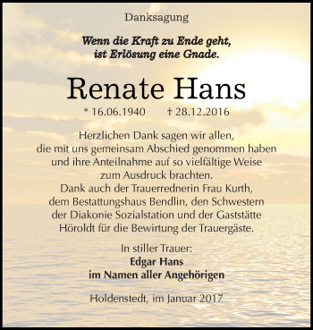 Traueranzeige von Renate Hans von Super Sonntag SGH Mansf. Land