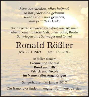 Traueranzeige von Ronald Rößler von Mitteldeutsche Zeitung Sangerhausen