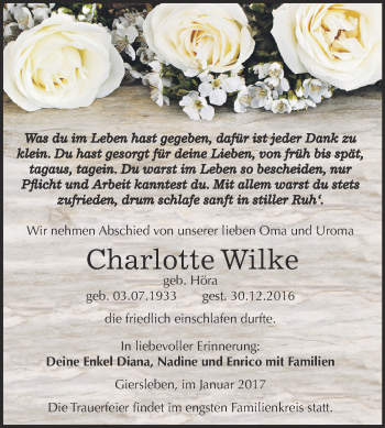 Traueranzeige von Charlotte Wilke von Super Sonntag Aschersleben