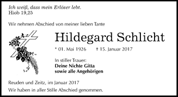 Traueranzeige von Hildegard Schlicht von Mitteldeutsche Zeitung Zeitz