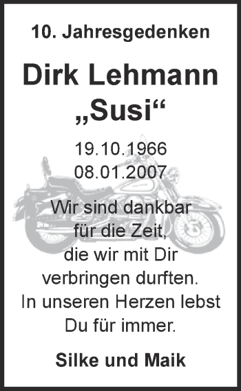 Traueranzeige von Dirk Lehmann von Super Sonntag Wittenberg