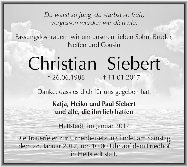  Traueranzeige für Christian Siebert vom 21.01.2017 aus Super Sonntag SGH Mansf. Land
