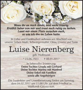 Traueranzeige von Luise Nierenberg von Mitteldeutsche Zeitung Köthen