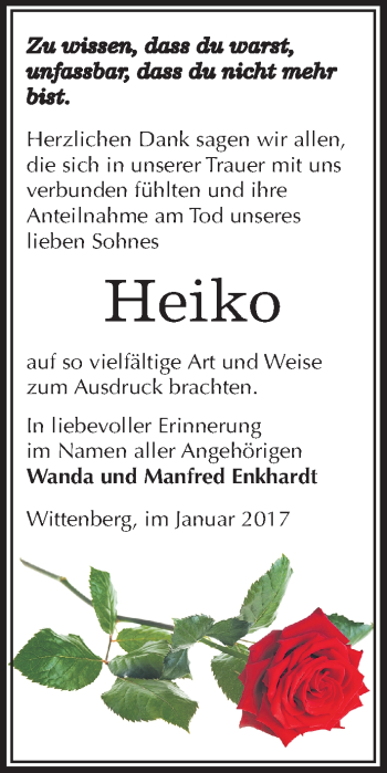 Traueranzeige von Heiko  von Mitteldeutsche Zeitung Wittenberg