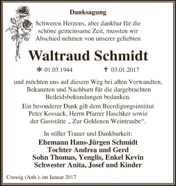Traueranzeige von Waltraud Schmidt von Super Sonntag Wittenberg