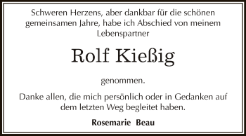 Traueranzeige von Rolf Kießig von Super Sonntag Bernburg