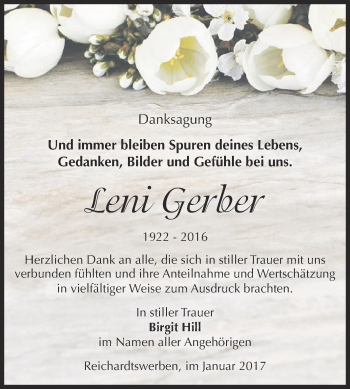 Traueranzeige von Leni Gerber von WVG - Wochenspiegel NMB / WSF / ZTZ