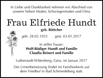 Traueranzeige von Elfriede Hundt von Mitteldeutsche Zeitung Wittenberg