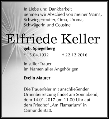 Traueranzeige von Elfriede Keller von Mitteldeutsche Zeitung Halle/Saalkreis