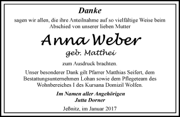 Traueranzeige von Anna Weber von Mitteldeutsche Zeitung Bitterfeld