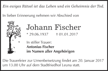 Traueranzeige von Johann Fischer von WVG - Wochenspiegel Merseburg