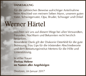 Traueranzeige von Werner Härtel von WVG - Wochenspiegel NMB / WSF / ZTZ
