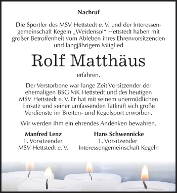 Traueranzeige von Rolf Matthäus von Mitteldeutsche Zeitung Mansfelder Land